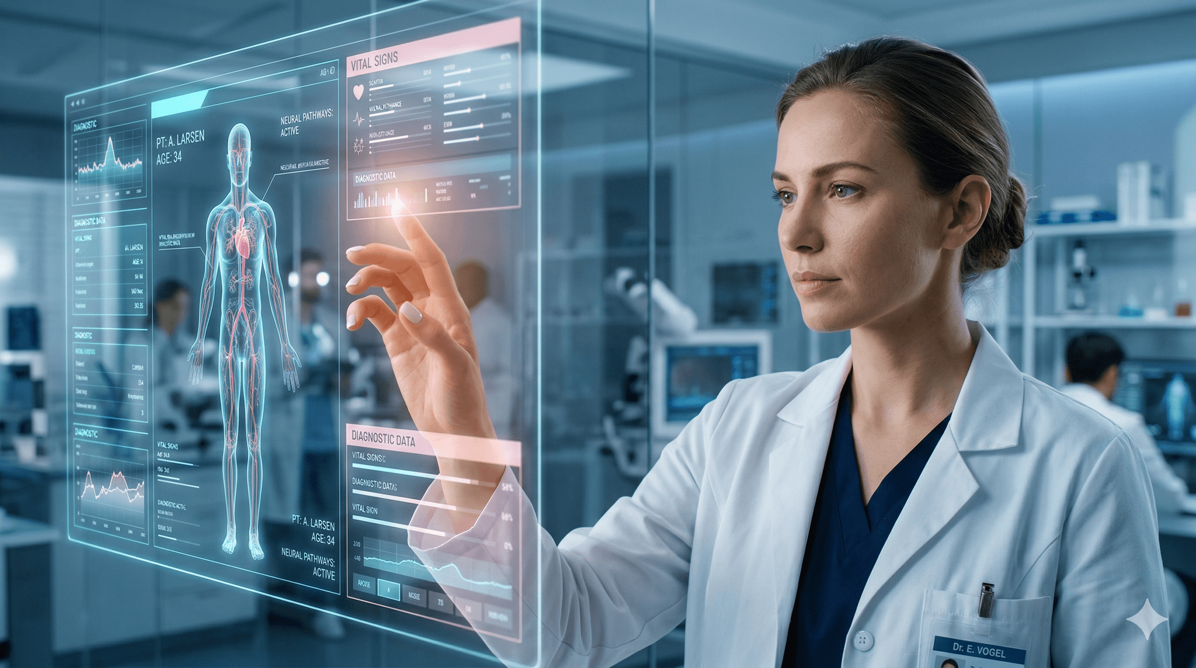 Doctor interacting with holographic human body
